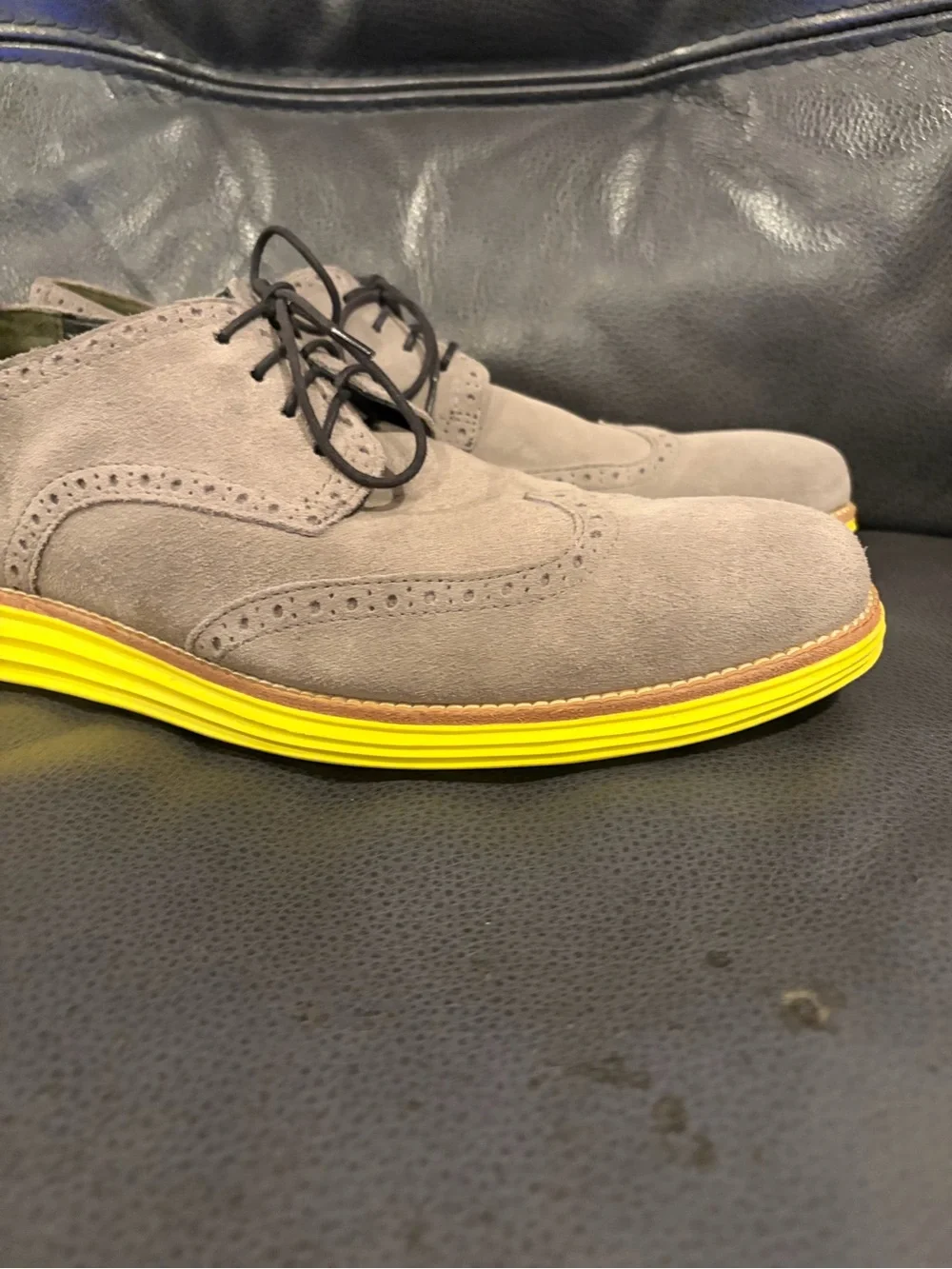Cole Haan Grey Suede Wingtip Oxford with Yellow Sole